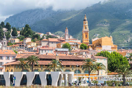 Menton, France - 07-07-2021: The beautiful Basilica of Menton in the historic centerのeditorial素材