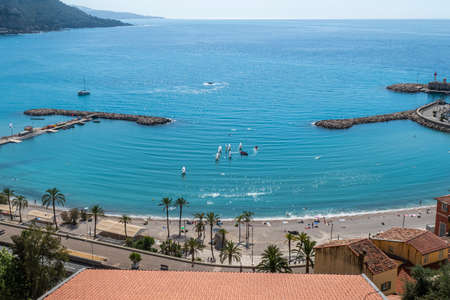 Menton, France - 07-07-2021: Aerial view of the Gulf of Mentonのeditorial素材