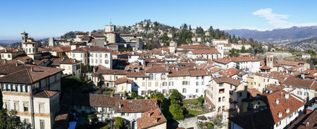 Extra wide aerial view of Bergamo Alta from the Tower of Campanoneの写真素材