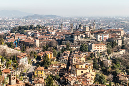 Aerial view of the historic center of Bergamo Altaの写真素材