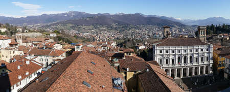 Bergamo, Italy- 04-07-2022: Extra wide aerial view of Bergamo Alta from the Tower of Campanoneのeditorial素材