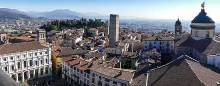 Bergamo, Italy- 04-07-2022: Extra wide aerial view of Bergamo Alta from the Tower of Campanoneのeditorial素材