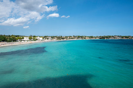 Landscape of a beautiful beach with clear and crystalline turquoise water and fine sand in Sicily in Syracuse called Fontane Biancheの写真素材