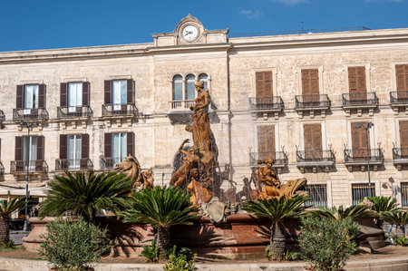 Syracuse, Italy - 09-16-2022: Piazza Archimede in Syracuse with the beautiful Diana Fountainのeditorial素材