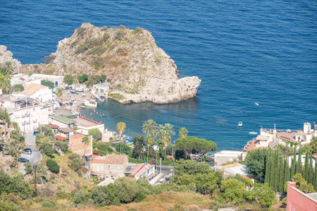 Taormina, Italy: 09-16-2022: Aerial view of the beautiful coastline of Taorminaの写真素材