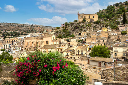 Scicli, Italy: 09-18-2022: aerial landscape of Scicli with beautiful historic buildings in the Baroque styleのeditorial素材
