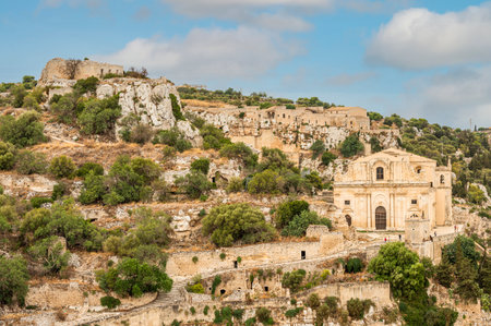 Scicli, Italy: 09-18-2022: aerial landscape of Scicli with beautiful historic buildings in the...