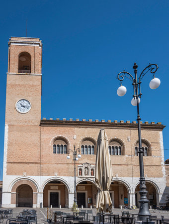 Fano, Italy - 06-22-2022: The beautiful central square of Fano with the historic palace of reasonのeditorial素材