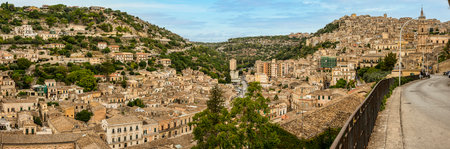 Modica, Italy: 09-21-2022: Extra wide angle view of the historic center of Modicaのeditorial素材