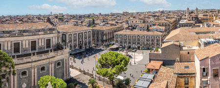 Catania, Italy - 09-23-2022: Extra wide High angle view of the center of Catania with Duomo Squareのeditorial素材