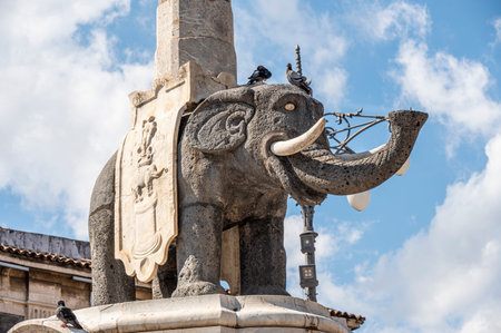 Catania, Italy - 09-23-2022: The elephant statue named Liotru which supports an Egyptian obelisk and which is the symbol of Cataniaのeditorial素材