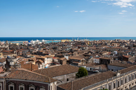 Catania, Italy - 09-23-2022: Aerial panorama of Catania with the port in the backgroundのeditorial素材