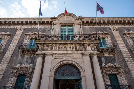Catania, Italy - 09-23-2022: The beautiful facade of the Benedectine Monastery of Cataniaのeditorial素材
