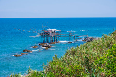 San Vito Chietino - 07-08-2022: High angle view of a beautiful trabocco on the Abruzzo coastの写真素材