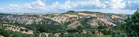 Extra wide angle panorama of Atri with its beautiful badlandsの写真素材