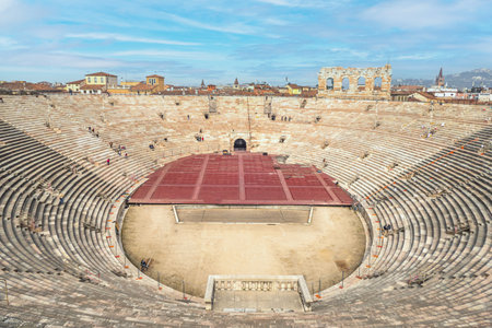 Verona, Italy - 03-04-2022: The interior of the beautiful and well-preserved Arena di Verona
