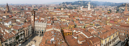 Verona, Italy - 03-04-2022: Extra wide Aerial view of the historic center of Verona with Square of...