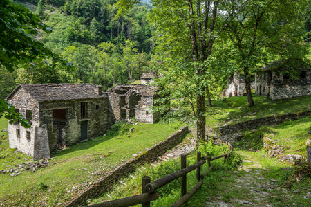 Ruined stone houses and mills in an abandoned mountain village in the Alpsの写真素材