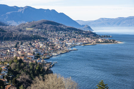 Aerial view of Luino and the Lake Maggioreの写真素材