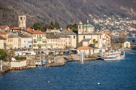 High angle view of the lakefront of Cannobio and Lake Maggioreの写真素材