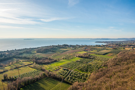 Aerial view of the Lake Garda with Sirmione and Desenzano in backgroundの写真素材