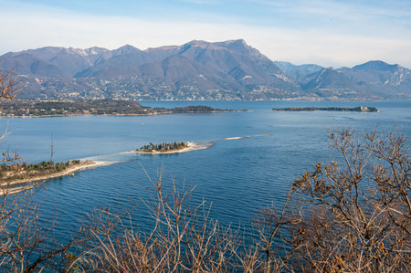 Aerial view of the Lake Garda with the Rabbit Island and the Garda Island from Manerbaの写真素材