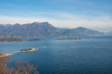 Aerial view of the Lake Garda with the Rabbit Island and the Garda Island from Manerbaの写真素材