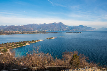 Aerial view of the Lake Garda with the Rabbit Island and the Garda Island from Manerbaの写真素材