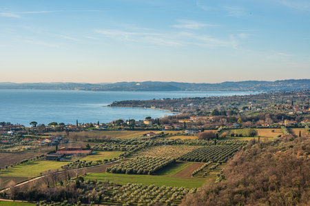 Aerial view of the Lake Garda with Sirmione and Desenzano in backgroundの写真素材