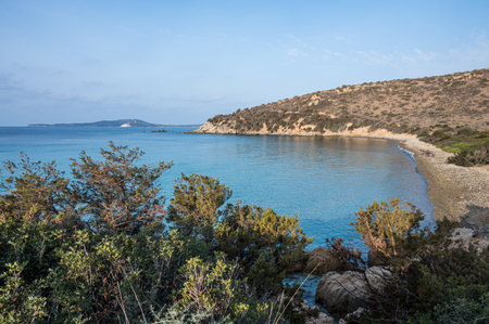 the gravel beach of Punta Molentis in Villasimiusの写真素材