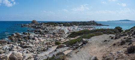 The beautiful beach of Punta Molentis in Villasimius with white sand and turquoise waterの写真素材