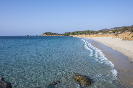 The beautiful Is Piscadeddus beach in Villasimius with white sand and transparent blue and turquoise waterの写真素材