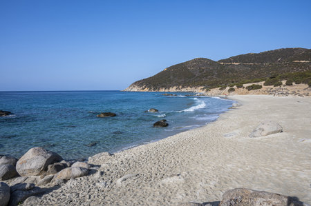 The beautiful beach of Porto Sa Ruxi in Sardinia with white sand and transparent blue and turquoise waterの写真素材