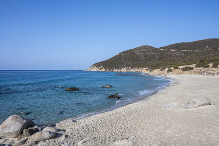The beautiful beach of Porto Sa Ruxi in Sardinia with white sand and transparent blue and turquoise waterの写真素材