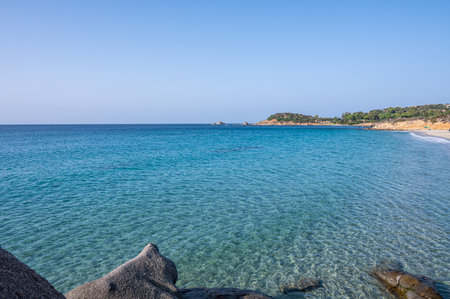 The beautiful Is Piscadeddus beach in Villasimius with white sand and transparent blue and turquoise waterの写真素材