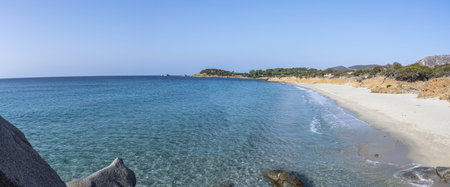 The beautiful Is Piscadeddus beach in Villasimius with white sand and transparent blue and turquoise waterの写真素材
