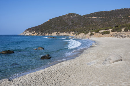 The beautiful beach of Porto Sa Ruxi in Sardinia with white sand and transparent blue and turquoise waterの写真素材