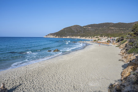 The beautiful beach of Porto Sa Ruxi in Sardinia with white sand and transparent blue and turquoise waterの写真素材