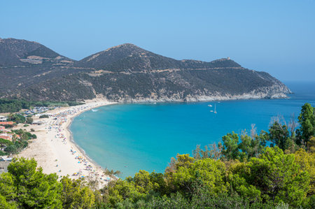 Aerial view of the beautiful beach with blue and turquoise waterの写真素材