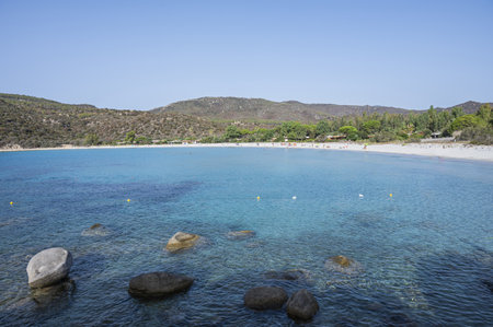 The beautiful white beach of Cala Pira in Castadias with its transparent and turquoise waterの写真素材
