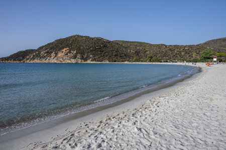 The beautiful white beach of Cala Pira in Castadias with its transparent and turquoise waterの写真素材