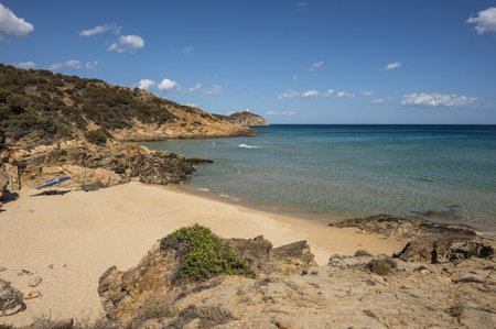 Beautiful beach in Chia, in Southern Sardinia, with white sand and transparent and turquoise waterの写真素材