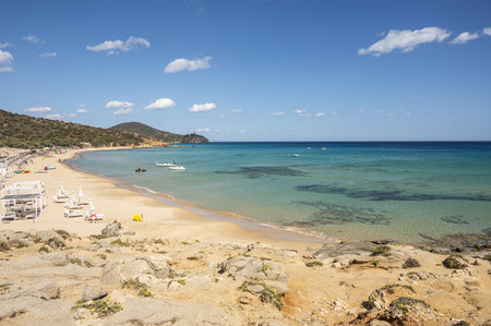 Beautiful beach in Chia, in Southern Sardinia, with white sand and turquoise waterの写真素材