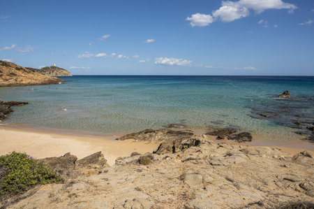 Beautiful beach in Chia, in Southern Sardinia, with white sand and turquoise waterの写真素材
