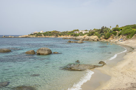 Cala Caterina beach in Villasimius with turquoise and transparent waterの写真素材