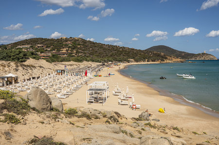 Beautiful beach in Chia, in Southern Sardinia, with white sand and transparent and turquoise waterの写真素材
