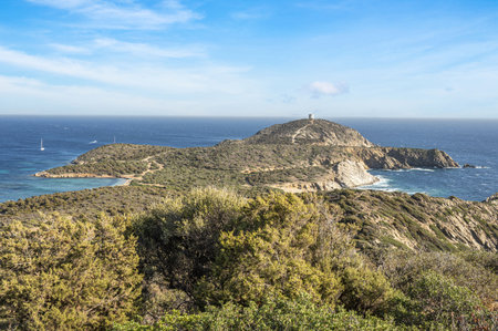 Aerial view of the Malfatano Gulf in the south of Sardinia with many beautiful beaches and blue and turquoise waterの写真素材