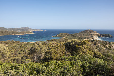 Aerial view of the Malfatano Gulf in the south of Sardinia with many beautiful beaches and blue and...