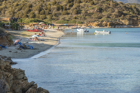 Aerial view of the Gulf in the south of Sardinia with many beautiful beaches and blue and turquoise waterの写真素材