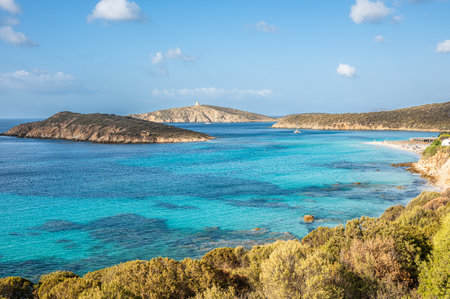 Aerial view of Tuerredda bay with the beach of fine sand and transparent blue and turquoise waterの写真素材